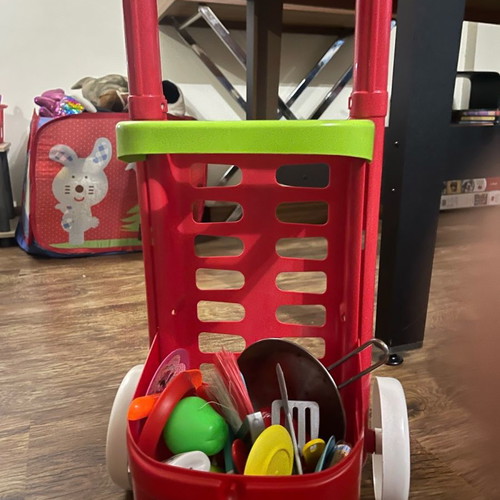 Supermarket shopping cart toy used with various kitchen utensils