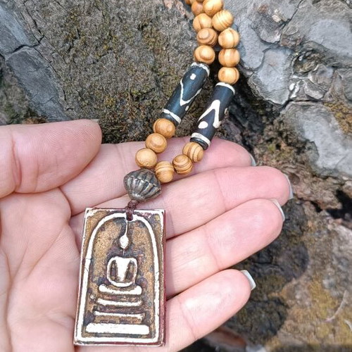 Handmade pendant with wooden beads and Buddha element, new