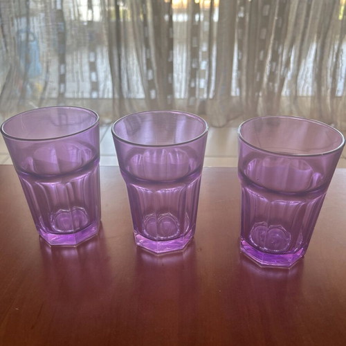 Glass purple water/frappe glasses used, set of 3