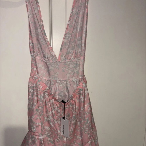 Fullah Sugah summer jumpsuit with open back, pink and white