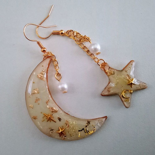 Handmade Moon and Star Earrings new, beige and gold