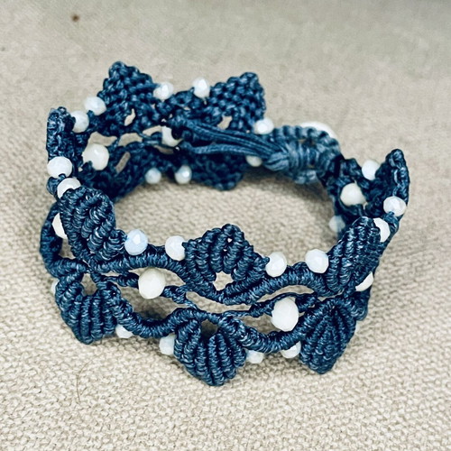 Handmade macrame bracelet with white beads, dark blue