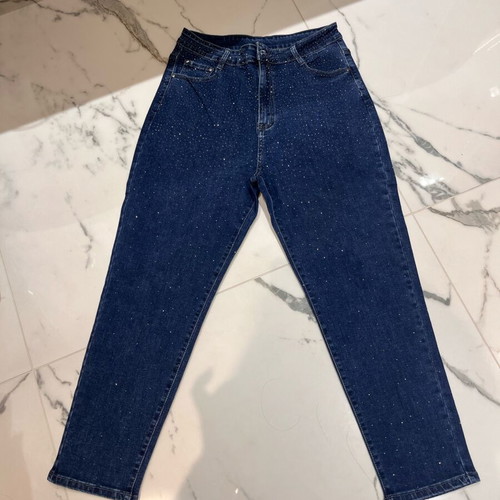 High-waisted jeans with rhinestones refurbished, size XL, blue