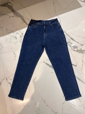 High-waisted jeans with rhinestones refurbished, size XL, blue