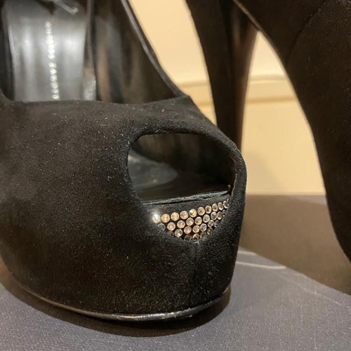 Giuseppe Zanotti black suede peep toe shoes with Swarovski crystals used, size 40