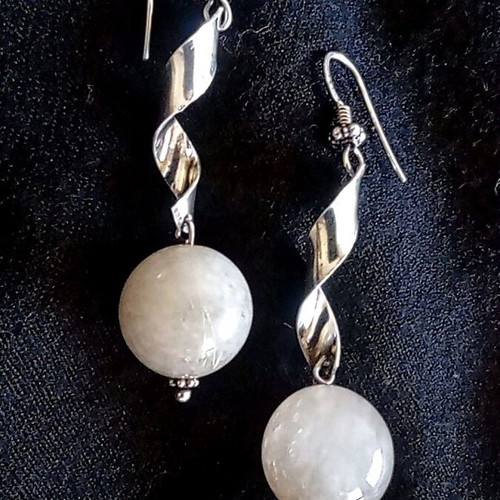 925 Sterling Silver Moonstone Spiral Earrings like new, beige