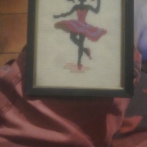 Framed embroidered ballerina textile painting used, 11x15 cm