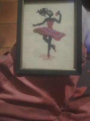 Framed embroidered ballerina textile painting used, 11x15 cm