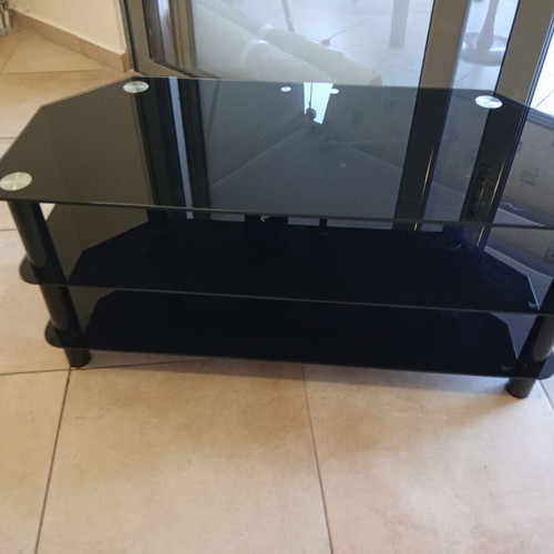 Black glass TV stand like new with black metal legs