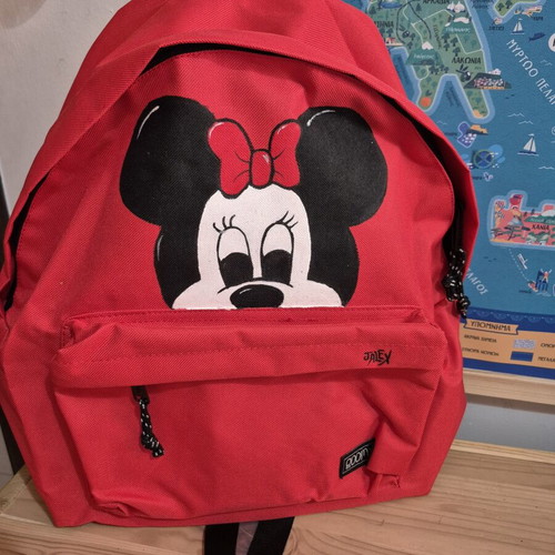 Hand-painted red backpack with Minnie Mouse design