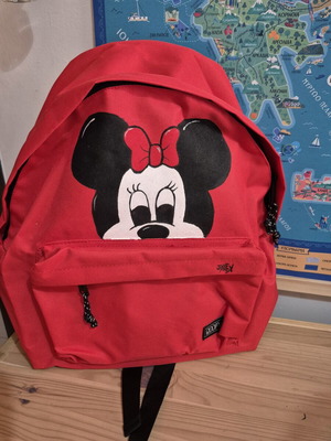 Hand-painted red backpack with Minnie Mouse design