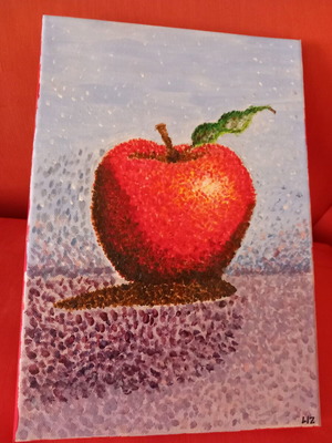 Small acrylic painting used, hand-painted apple