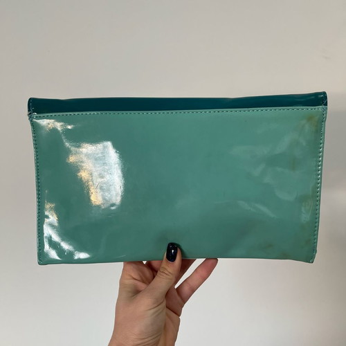Patent Leather Colorblock Envelope Clutch Bag, teal light blue nude