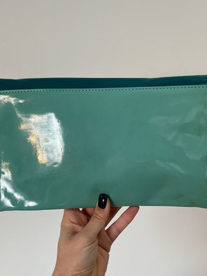 Patent Leather Colorblock Envelope Clutch Bag, teal light blue nude