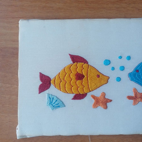 Handmade vintage embroidery with fish, like new
