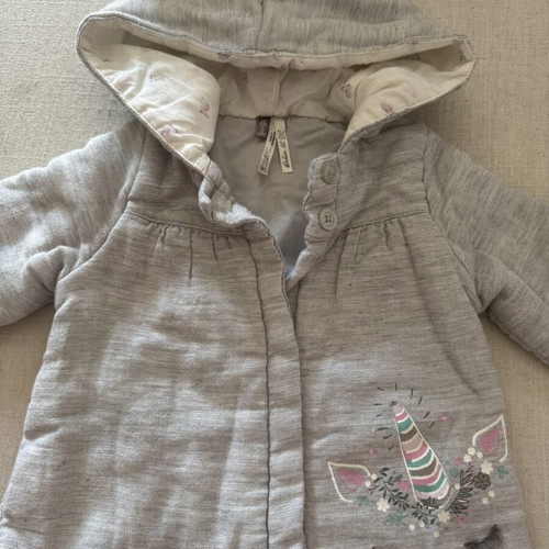 Orchestra baby cotton jacket with hood and unicorn design, grey