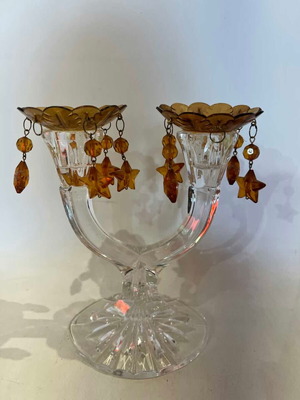 Vintage crystal candlestick with amber crystals used