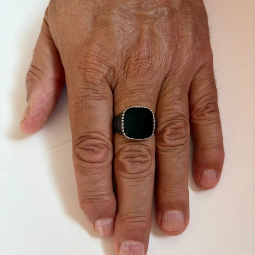 Scaled Signet Ring Black Inlay New, 316L Stainless Steel, US Size 12