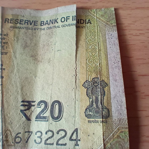 Indian 20 Rupees banknote used with tear