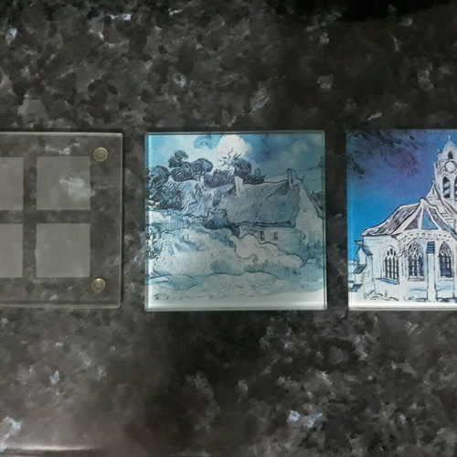 Glass square coasters with design, pack of 3, like new