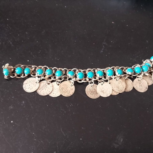 Antique children's talisman with Turkish coins and turquoise stones used