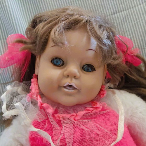 Vintage large collectible doll used, 40 cm, pink-fuchsia