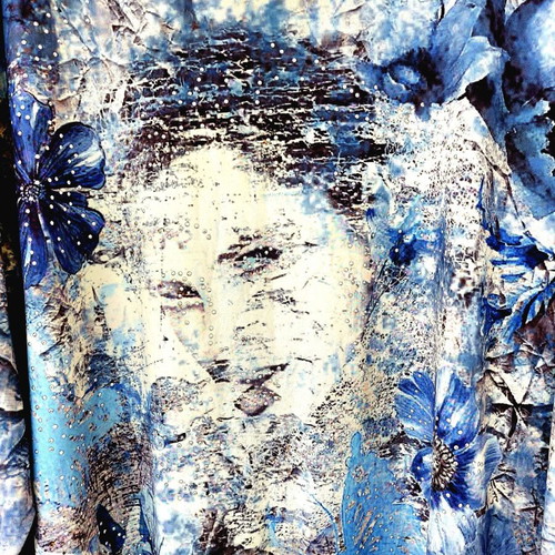 Miamoda plus size dress with sparkling rhinestones and face print, blue/grey