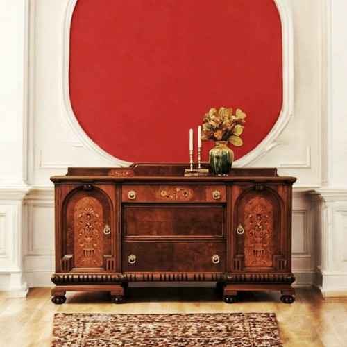 Tudor Sideboard with Marquetry like new, walnut, cherry and maple