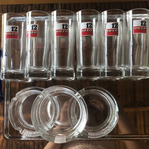 Ouzo 12 Glasses and 3 Ashtrays New in Box