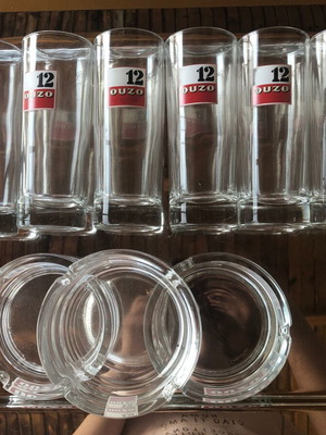 Ouzo 12 Glasses and 3 Ashtrays New in Box