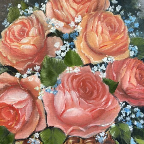 Handmade oil painting with roses on canvas