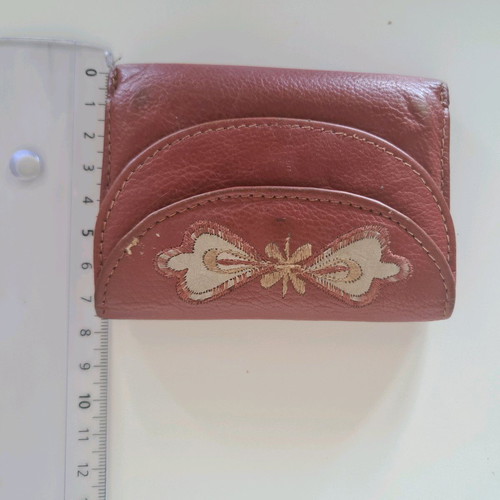 Leather women's wallet used, handmade, red with white flowers