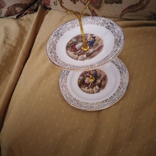 Two-tier English porcelain serving platter with gold floral trim