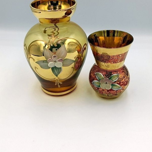 Set of 2 vintage hand-painted Bohemian Czech glass jars like new