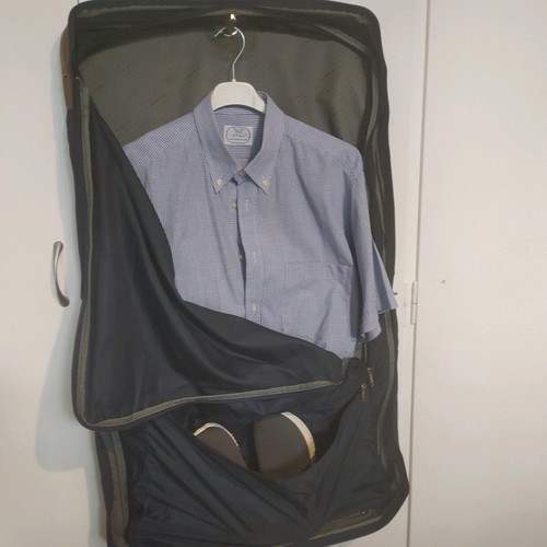 Samsonnite garment bag like new, blue fabric and leather suitcase
