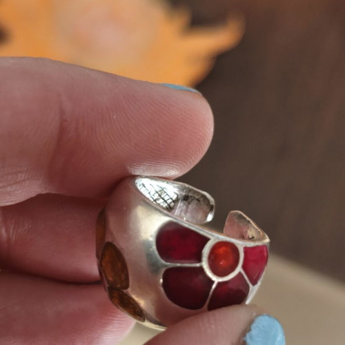 Meli Melo silver 925 ring adjustable, like new with red and orange flowers