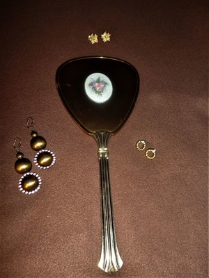 Vintage hand mirror used, bronze 34x14 cm