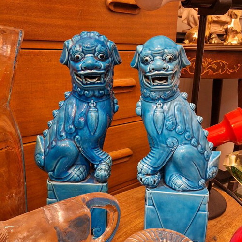 Antique Chinese Turquoise Blue Porcelain Foo Dogs 31 cm, Set of 2