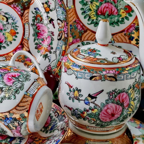 Vintage Chinese Rose Medallion porcelain tea set, handpainted
