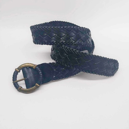 Vintage braided leather belt used, black, with brass buckle