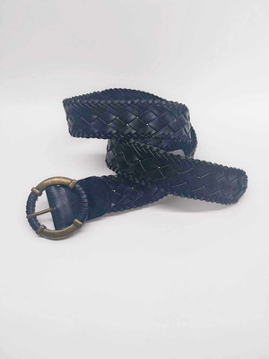 Vintage braided leather belt used, black, with brass buckle