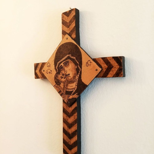 Panagia with Divine Infant handmade cross with pyrography new