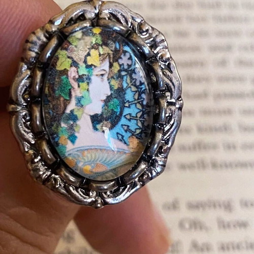Handmade adjustable antique silver ring with Alfons Mucha art detail