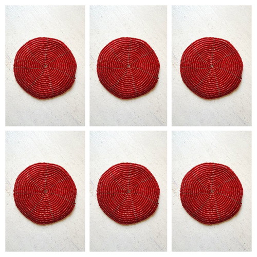 Set of 6 retro handmade coasters with red beads and wire
