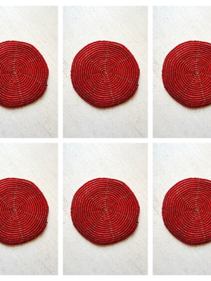 Set of 6 retro handmade coasters with red beads and wire