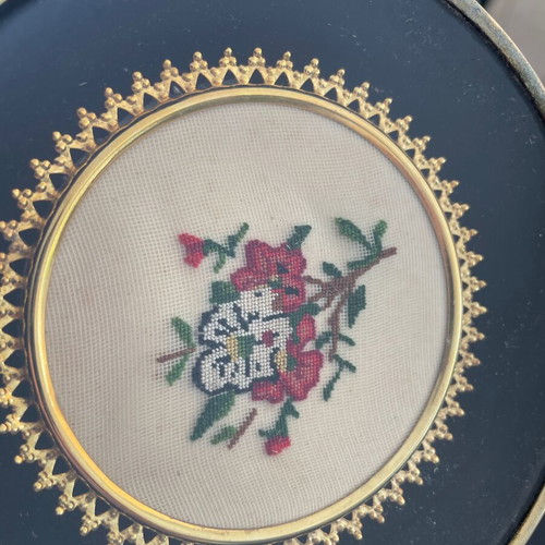 Vintage metal ashtrays with handmade embroidery, used, set of 2