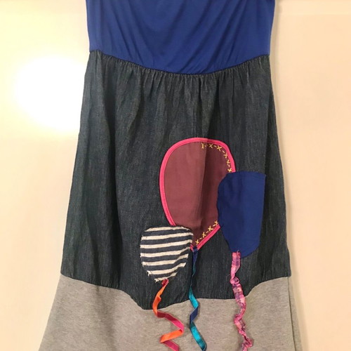 Heel strapless short linen dress used with patchwork blue