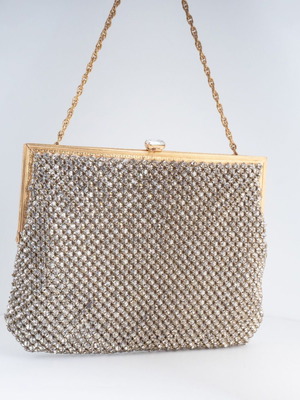 Vintage 1950s–60s Crystal Rhinestone Evening Bag with Gold Mesh and Emerald-Cut Clasp
