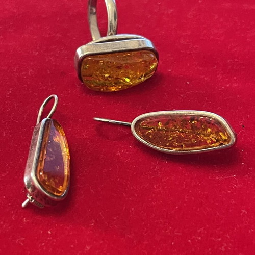 Silver 925 jewelry set with amber, used, ring size 58