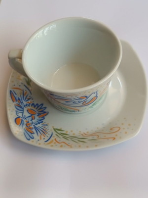 Pizza Fan promotional tea cup and saucer set like new with G. Stathopoulos signature